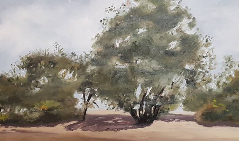 Bäume auf sandigem Boden an einem windigen Tag - auch hier beweist die Künstlerin ein gutes Händchen bei der Darstellung mit Pinsel und Farbe