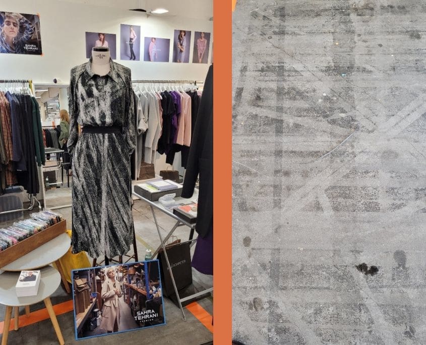 Das Blickfang-Kleid von Sahra Tehrani angelehnt an die Schleifmuster des Bodens