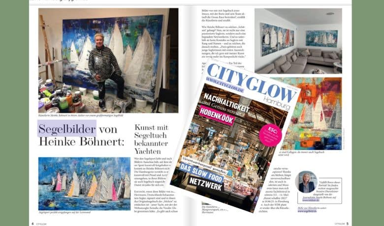 Die doppelseitige Berichterstattung über die Segelbildmalerin Heinke Böhnert in der City Glow