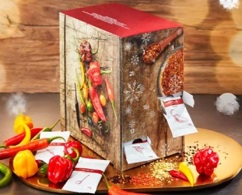 Chili-Adventskalender Adventskalender mit 24 Chili-Köstlichkeiten hinter den Türchen