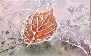 Blatt auf gefrorenem Boden "Verwelktes Blatt auf gefrorenem Boden" - Bild mit Acrylfarben von Ingrid LaPlante