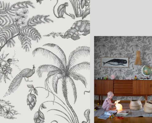 Tapete mit exotischen Motiven in schwarz- grau und weiß