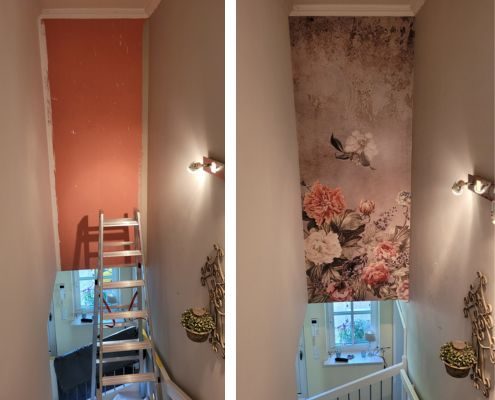 Schmale Flurwand - vorher und nach der Gestaltung mit einer Blumen-Vliestapete