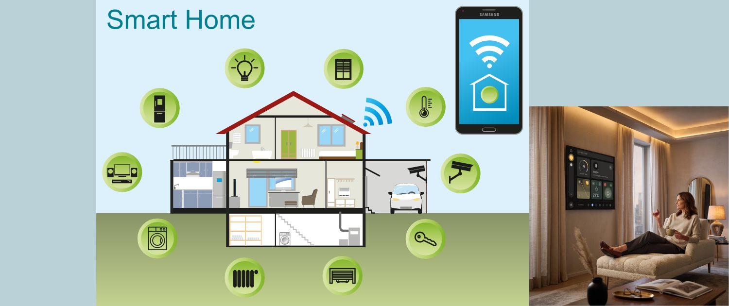 Das Smarthome als Skizze und mit einem Wohnbild verdeutlicht Das Smarthome als Skizze und mit einem Wohnbild verdeutlicht, das eine Frau vor einem großen Display an der Wand zeigt