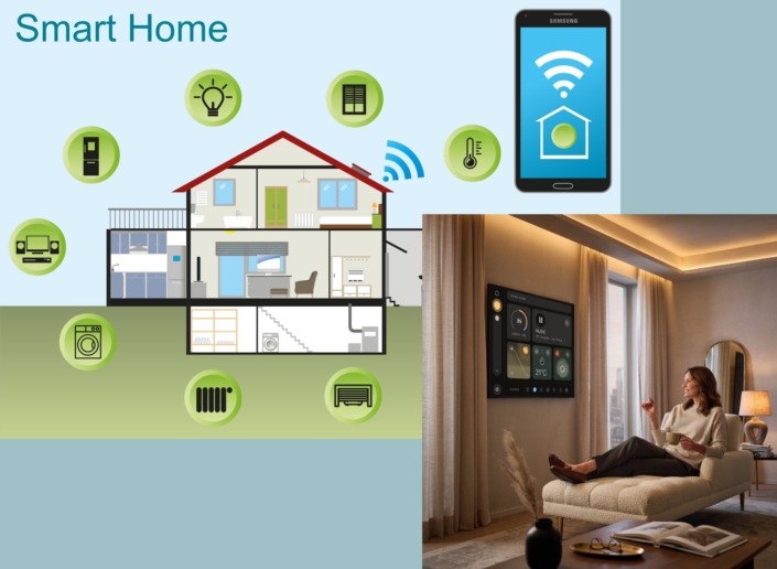 Smart Home als Skizze und mit Frau im Wohnzimmer vor einem großen Display an der Wand